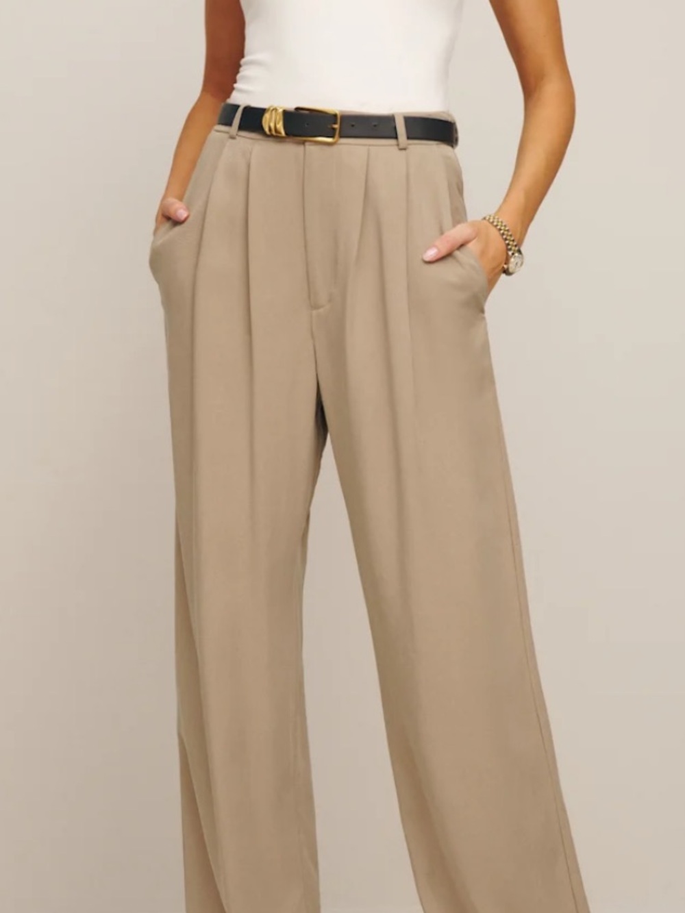 Reformation Pleated High-Rise Pants — Light Tan